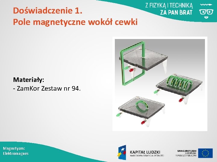 Doświadczenie 1. Pole magnetyczne wokół cewki Materiały: - Zam. Kor Zestaw nr 94. Magnetyzm: