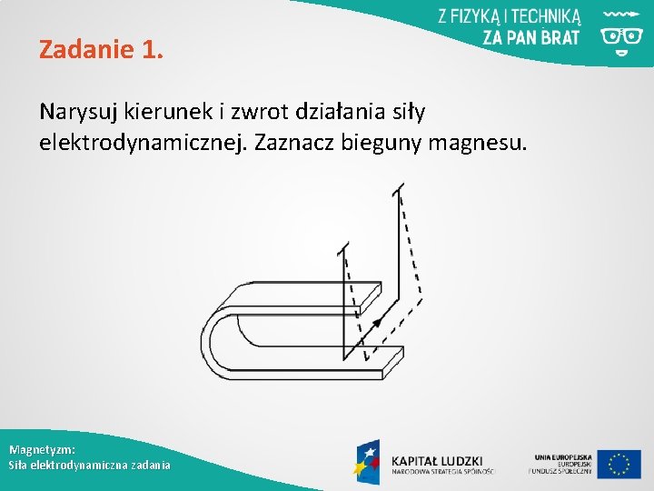 Zadanie 1. Narysuj kierunek i zwrot działania siły elektrodynamicznej. Zaznacz bieguny magnesu. Magnetyzm: Siła