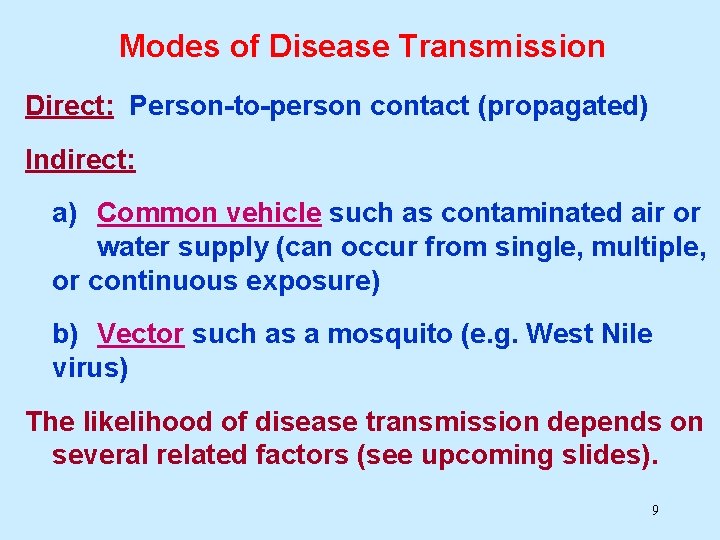 Modes of Disease Transmission Direct: Person-to-person contact (propagated) Indirect: a) Common vehicle such as