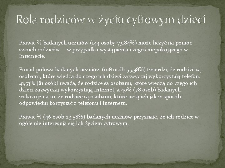 Rola rodziców w życiu cyfrowym dzieci Prawie ¾ badanych uczniów (144 osoby-73, 84%) może