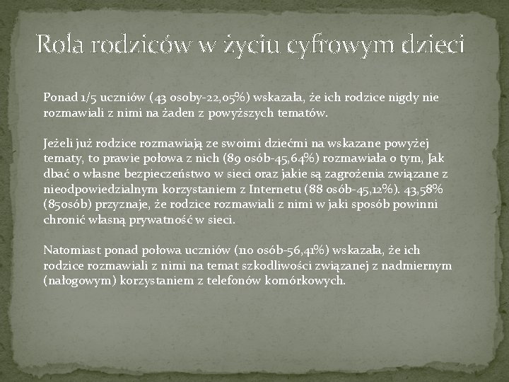 Rola rodziców w życiu cyfrowym dzieci Ponad 1/5 uczniów (43 osoby-22, 05%) wskazała, że