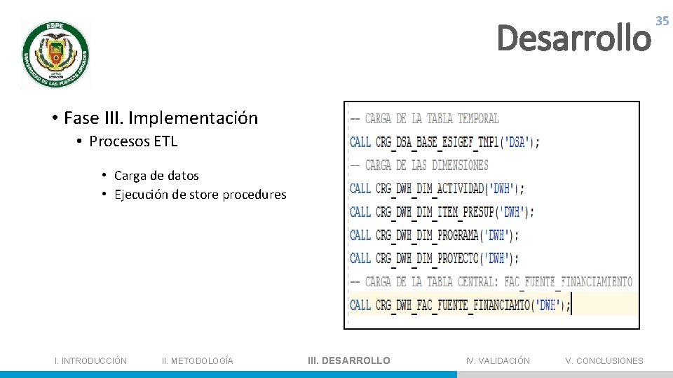 Desarrollo 35 • Fase III. Implementación • Procesos ETL • Carga de datos •
