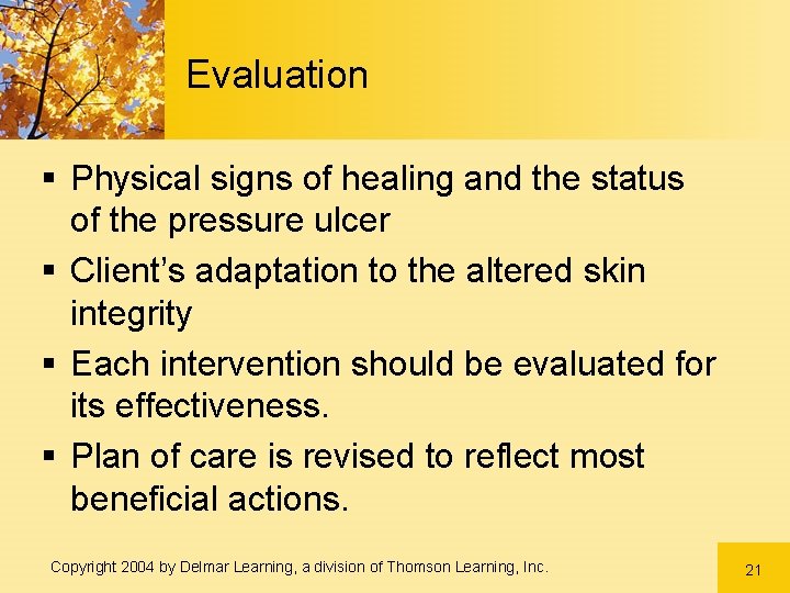 Evaluation § Physical signs of healing and the status of the pressure ulcer § Evaluation § Physical signs of healing and the status of the pressure ulcer §