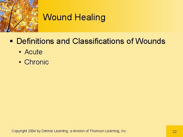 Wound Healing § Definitions and Classifications of Wounds • Acute • Chronic Copyright 2004 Wound Healing § Definitions and Classifications of Wounds • Acute • Chronic Copyright 2004