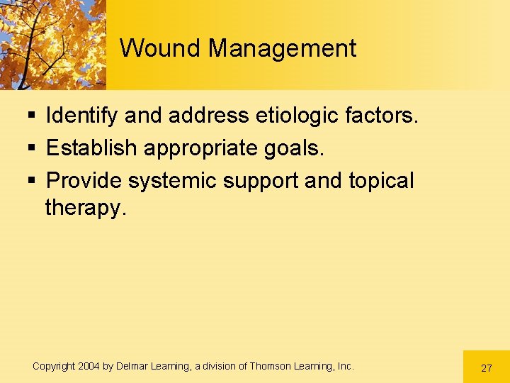 Wound Management § Identify and address etiologic factors. § Establish appropriate goals. § Provide Wound Management § Identify and address etiologic factors. § Establish appropriate goals. § Provide