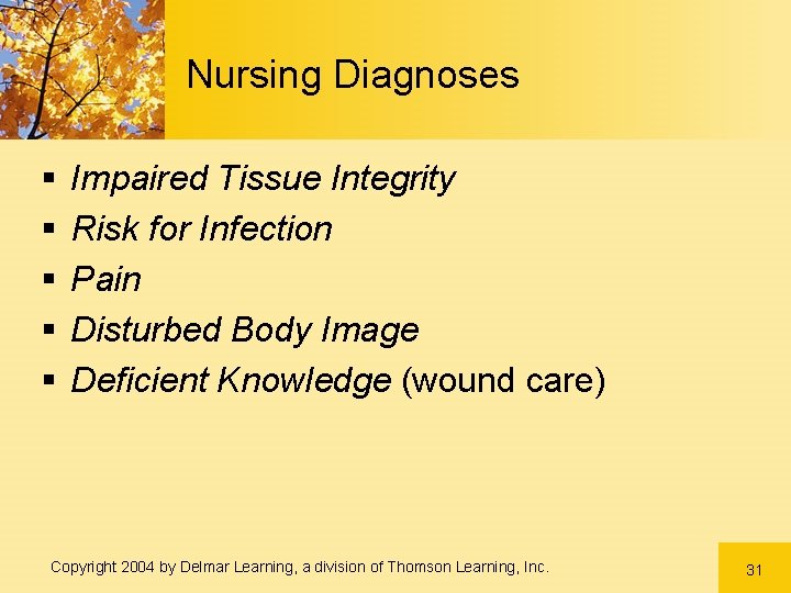 Nursing Diagnoses § § § Impaired Tissue Integrity Risk for Infection Pain Disturbed Body Nursing Diagnoses § § § Impaired Tissue Integrity Risk for Infection Pain Disturbed Body