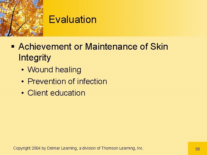 Evaluation § Achievement or Maintenance of Skin Integrity • Wound healing • Prevention of Evaluation § Achievement or Maintenance of Skin Integrity • Wound healing • Prevention of