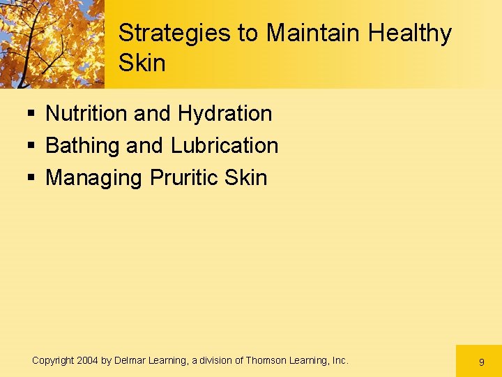 Strategies to Maintain Healthy Skin § Nutrition and Hydration § Bathing and Lubrication § Strategies to Maintain Healthy Skin § Nutrition and Hydration § Bathing and Lubrication §