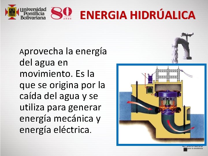  ENERGIA HIDRÚALICA Aprovecha la energía del agua en movimiento. Es la que se