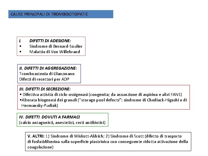 CAUSE PRINCIPALI DI TROMBOCITOPATIE I. • • DIFETTI DI ADESIONE: Sindrome di Bernard-Soulier Malattia