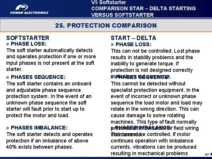 V 5 Softstarter COMPARISON STAR – DELTA STARTING VERSUS SOFTSTARTER 25. PROTECTION COMPARISON SOFTSTARTER