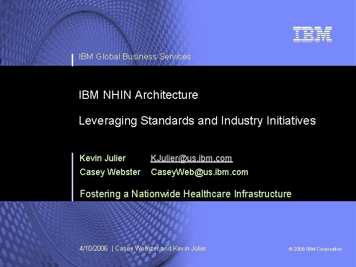 IBM Global Business Services IBM NHIN Architecture Leveraging Standards and Industry Initiatives Kevin Julier