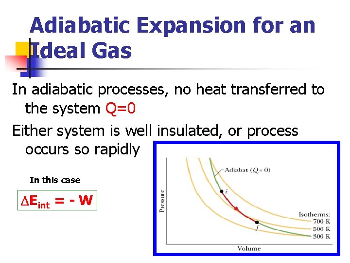 Adiabatic Expansion for an Ideal Gas In adiabatic processes, no heat transferred to the