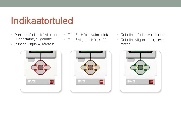 Indikaatortuled • Punane põleb – Käivitumine, • Oranž – Häire, valmisolek • Roheline põleb