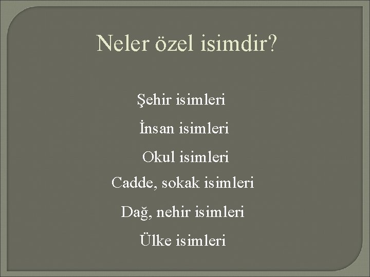 Neler özel isimdir? Şehir isimleri İnsan isimleri Okul isimleri Cadde, sokak isimleri Dağ, nehir