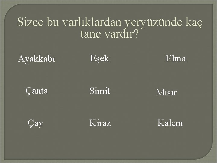 Sizce bu varlıklardan yeryüzünde kaç tane vardır? Ayakkabı Eşek Elma Çanta Simit Mısır Çay