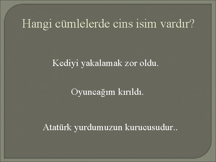 Hangi cümlelerde cins isim vardır? Kediyi yakalamak zor oldu. Oyuncağım kırıldı. Atatürk yurdumuzun kurucusudur.