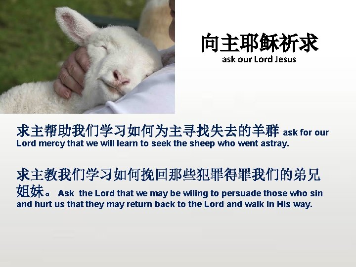 向主耶稣祈求 ask our Lord Jesus 求主帮助我们学习如何为主寻找失去的羊群 ask for our Lord mercy that we will