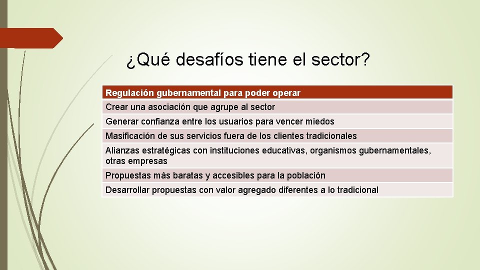 ¿Qué desafíos tiene el sector? Regulación gubernamental para poder operar Crear una asociación que