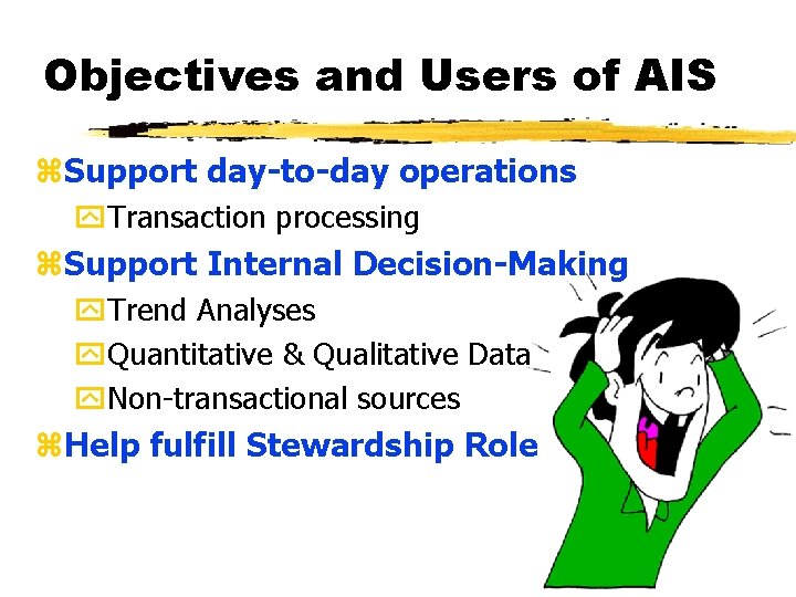 Objectives and Users of AIS z. Support day-to-day operations y. Transaction processing z. Support