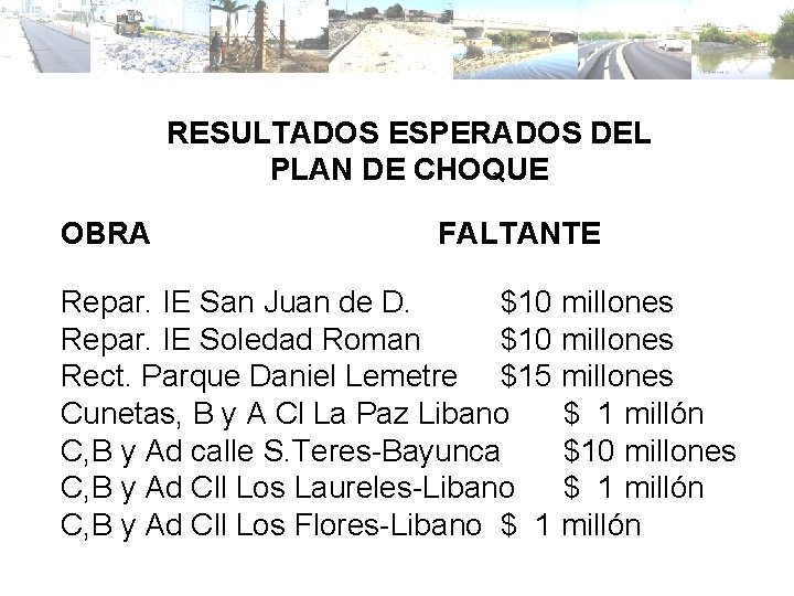 RESULTADOS ESPERADOS DEL PLAN DE CHOQUE OBRA FALTANTE Repar. IE San Juan de D.