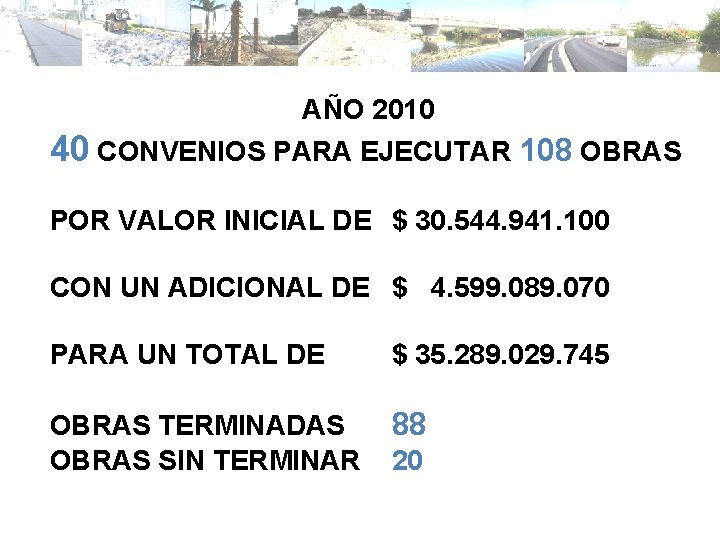 AÑO 2010 40 CONVENIOS PARA EJECUTAR 108 OBRAS POR VALOR INICIAL DE $ 30.