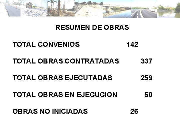 RESUMEN DE OBRAS TOTAL CONVENIOS 142 TOTAL OBRAS CONTRATADAS 337 TOTAL OBRAS EJECUTADAS 259
