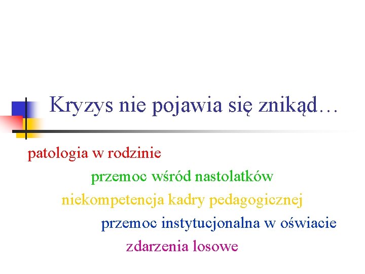 Kryzys nie pojawia się znikąd… patologia w rodzinie przemoc wśród nastolatków niekompetencja kadry pedagogicznej