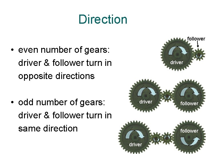 Direction follower • even number of gears: driver & follower turn in opposite directions