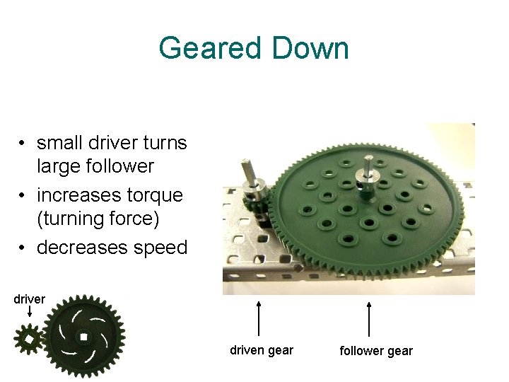 Geared Down • small driver turns large follower • increases torque (turning force) •