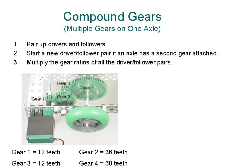 Compound Gears (Multiple Gears on One Axle) 1. 2. 3. Pair up drivers and