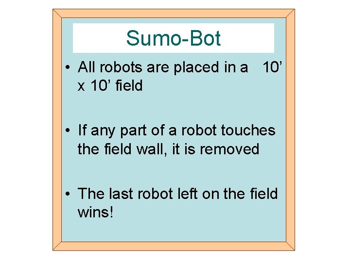 Sumo-Bot • All robots are placed in a 10’ x 10’ field • If