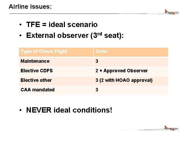 CONFIDENTIAL Airline issues: • TFE = ideal scenario • External observer (3 rd seat):