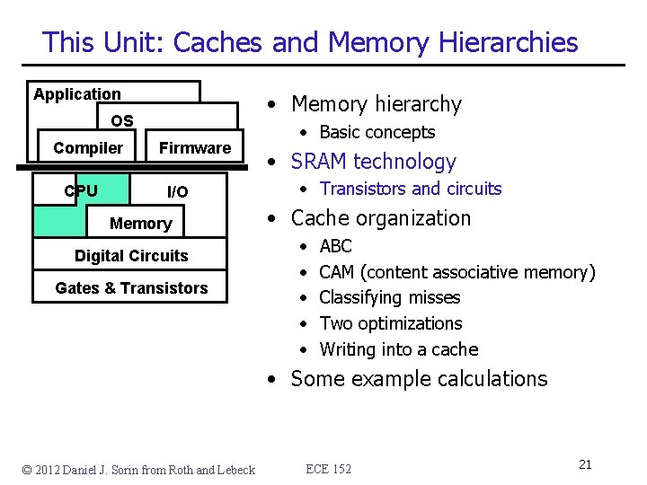 This Unit: Caches and Memory Hierarchies Application • Memory hierarchy OS Compiler CPU Firmware This Unit: Caches and Memory Hierarchies Application • Memory hierarchy OS Compiler CPU Firmware