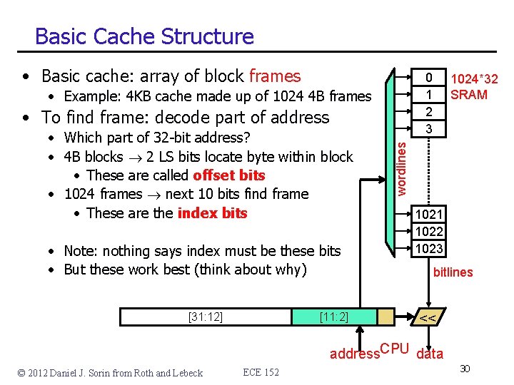 Basic Cache Structure • Basic cache: array of block frames 0 1 2 3 Basic Cache Structure • Basic cache: array of block frames 0 1 2 3