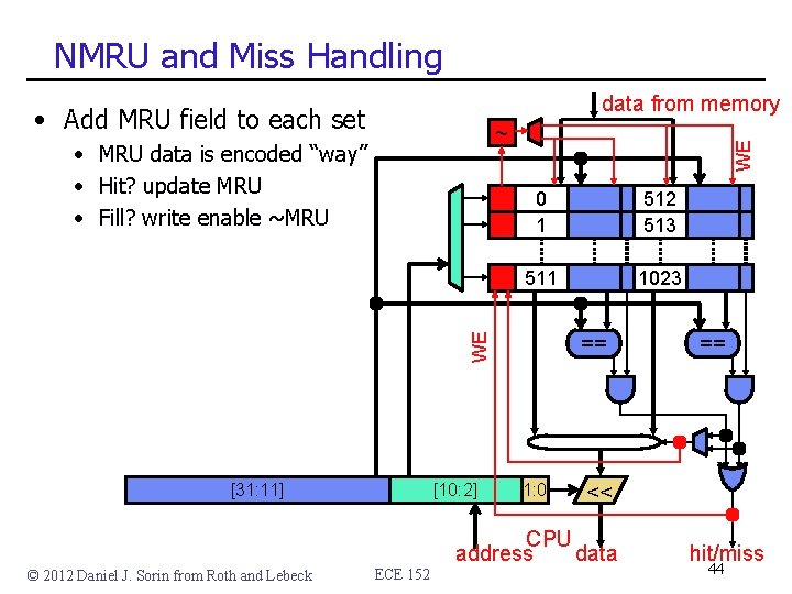 NMRU and Miss Handling data from memory • Add MRU field to each set NMRU and Miss Handling data from memory • Add MRU field to each set