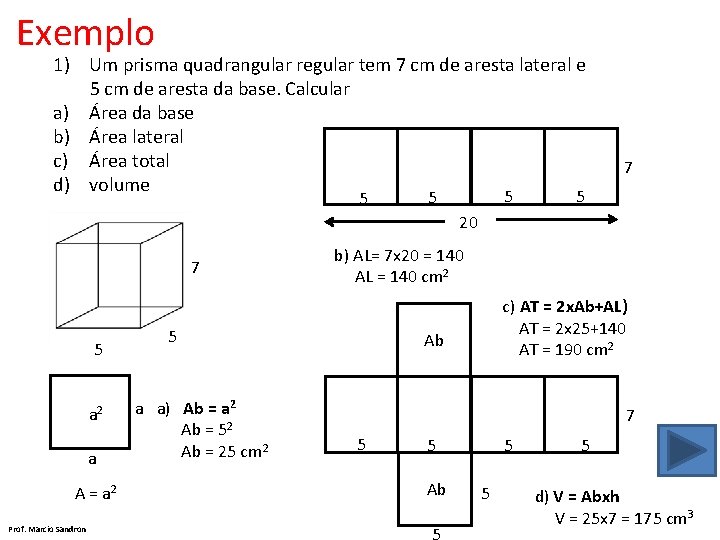 Exemplo 1) Um prisma quadrangular regular tem 7 cm de aresta lateral e 5