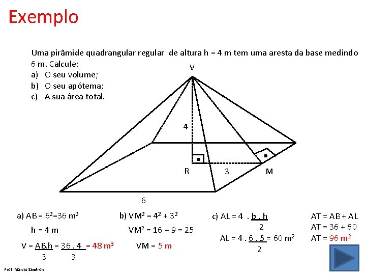 Exemplo Uma pirâmide quadrangular regular de altura h = 4 m tem uma aresta