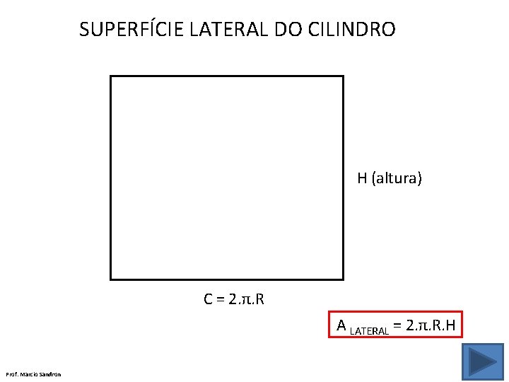 SUPERFÍCIE LATERAL DO CILINDRO H (altura) C = 2. π. R A LATERAL =