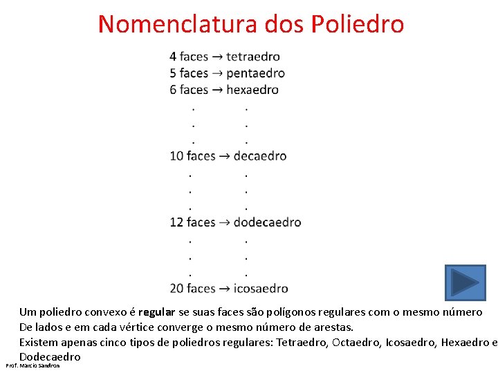 Nomenclatura dos Poliedro Um poliedro convexo é regular se suas faces são polígonos regulares