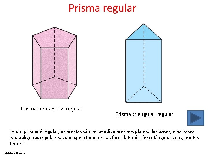 Prisma regular Prisma pentagonal regular Prisma triangular regular Se um prisma é regular, as