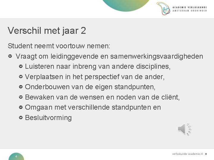 Verschil met jaar 2 Student neemt voortouw nemen: Vraagt om leidinggevende en samenwerkingsvaardigheden Luisteren