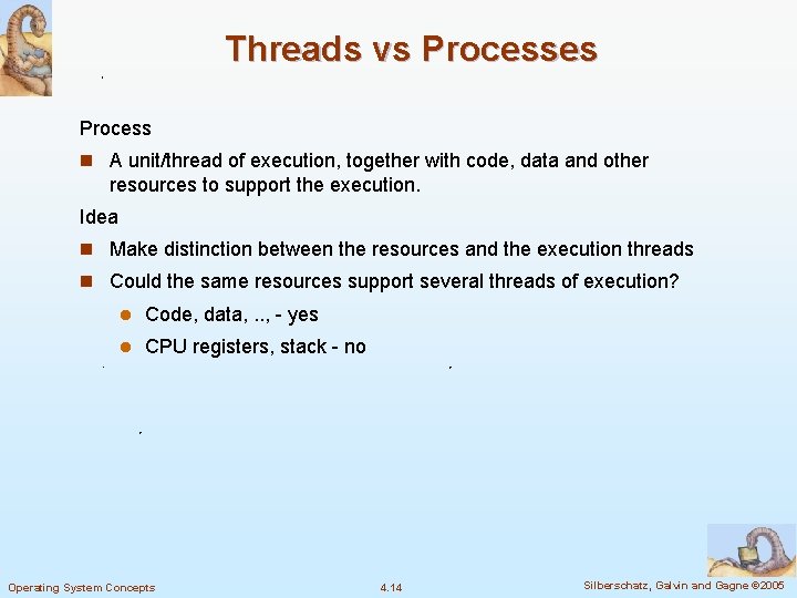 Threads vs Processes Process n A unit/thread of execution, together with code, data and Threads vs Processes Process n A unit/thread of execution, together with code, data and