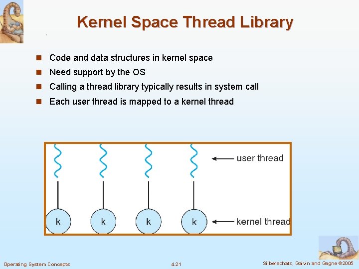 Kernel Space Thread Library n Code and data structures in kernel space n Need Kernel Space Thread Library n Code and data structures in kernel space n Need