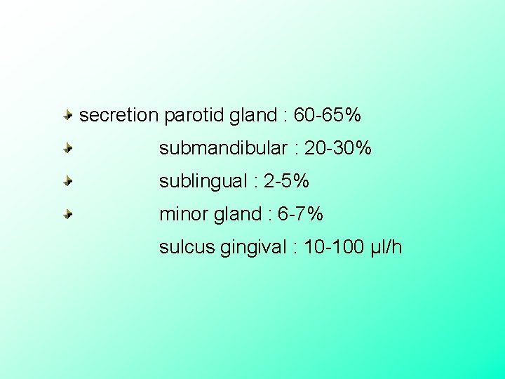  secretion parotid gland : 60 -65% submandibular : 20 -30% sublingual : 2