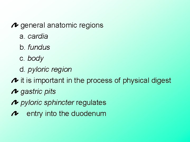  general anatomic regions a. cardia b. fundus c. body d. pyloric region it