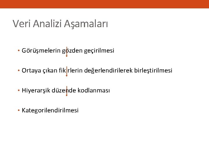 Veri Analizi Aşamaları • Görüşmelerin gözden geçirilmesi • Ortaya çıkan fikirlerin değerlendirilerek birleştirilmesi •