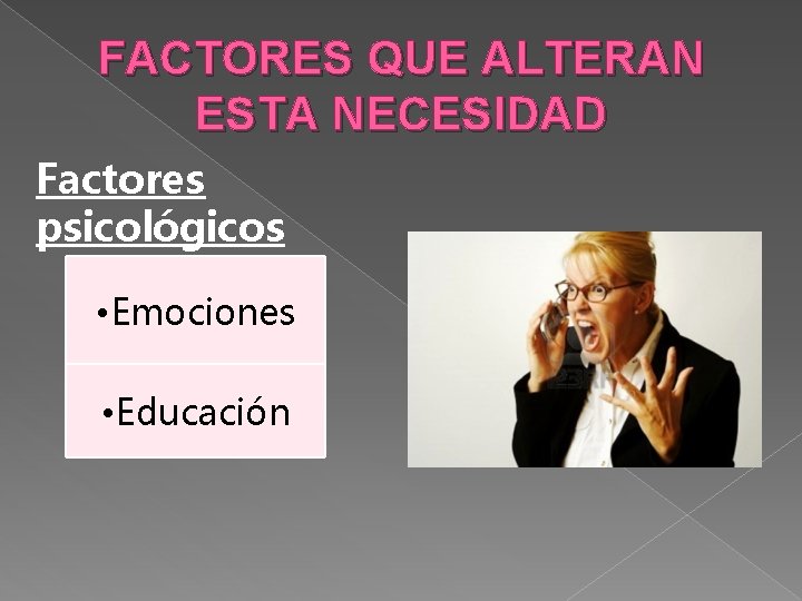 FACTORES QUE ALTERAN ESTA NECESIDAD Factores psicológicos • Emociones • Educación FACTORES QUE ALTERAN ESTA NECESIDAD Factores psicológicos • Emociones • Educación