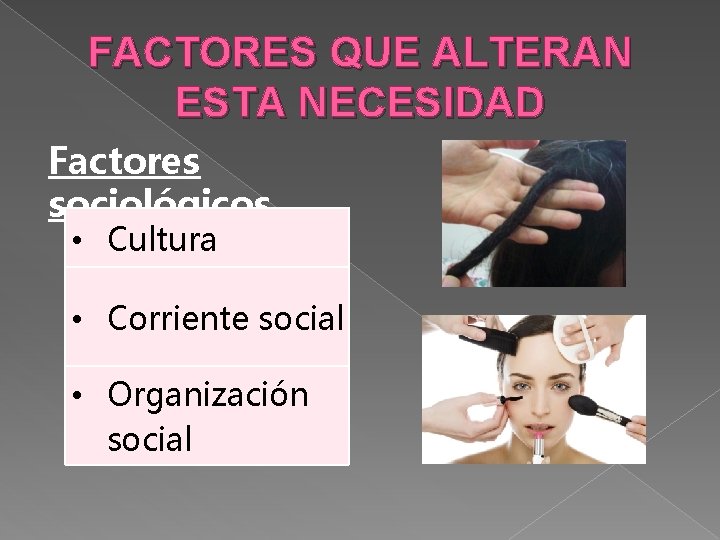 FACTORES QUE ALTERAN ESTA NECESIDAD Factores sociológicos • Cultura • Corriente social • Organización FACTORES QUE ALTERAN ESTA NECESIDAD Factores sociológicos • Cultura • Corriente social • Organización