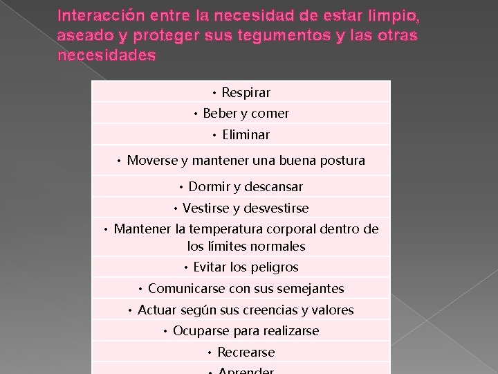 Interacción entre la necesidad de estar limpio, aseado y proteger sus tegumentos y las Interacción entre la necesidad de estar limpio, aseado y proteger sus tegumentos y las